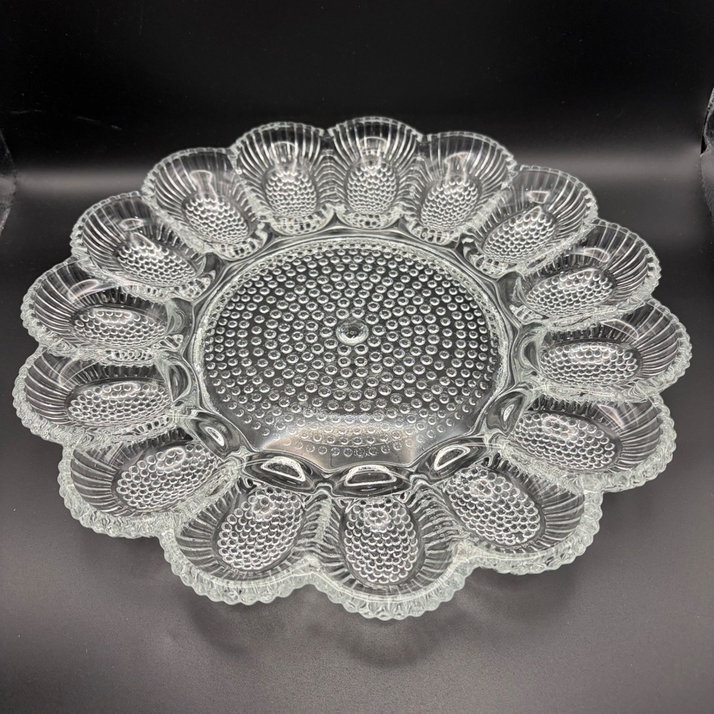 Vintage Clear Hobnail Glass Deviled Egg Platter Scalloped Edge 11 Inch Plate